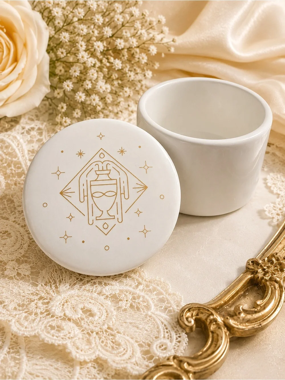 Zodiac Ceramic Storage Jar with Lid | White Gold Astrology Canister | Decorative